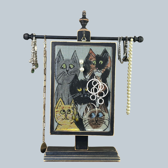 Earring Holder hanging on a Necklace Stand with jewelry displayed - Cats design - by Earring Holder Gallery