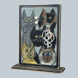 Earring Holder standing on attached wood base with jewelry displayed - Cats design - by Earring Holder Gallery