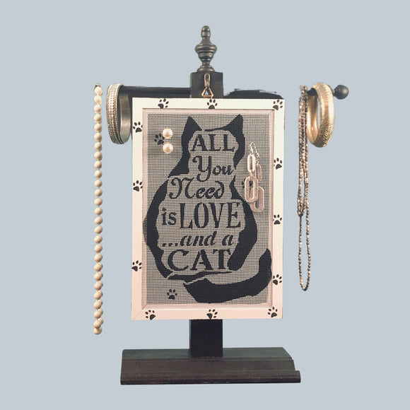 Classic earring holder hanging on a necklace stand - Love and a Cat Design - by Earring Holder Gallery