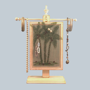 Classic Earring Holder hanging on a necklace stand - Palm Trees Design - by Earring Holder Gallery